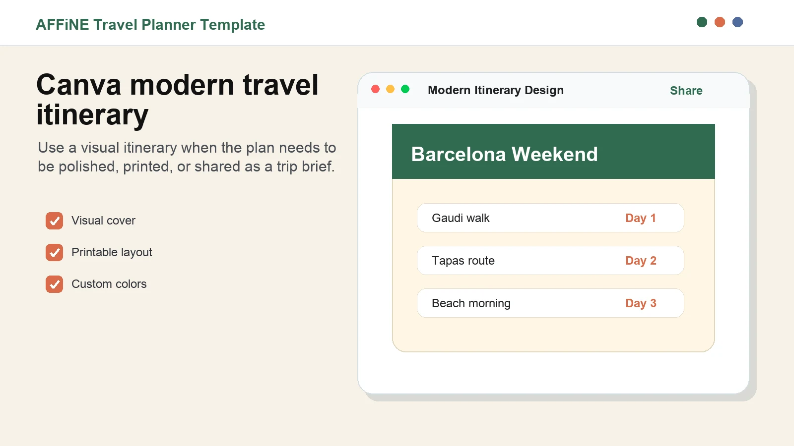 Canva modern travel itinerary template designed for printable weekend trip plans