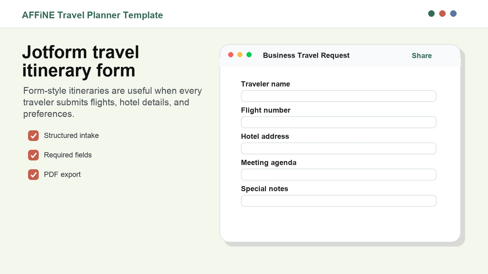 Jotform business travel itinerary form for collecting traveler and booking details