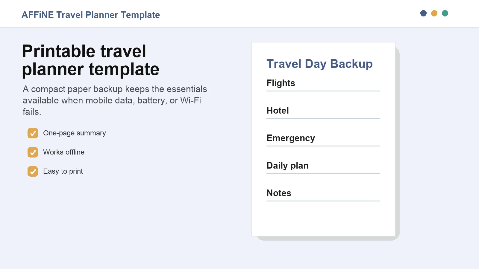 Printable travel planner template with one-page travel-day backup fields