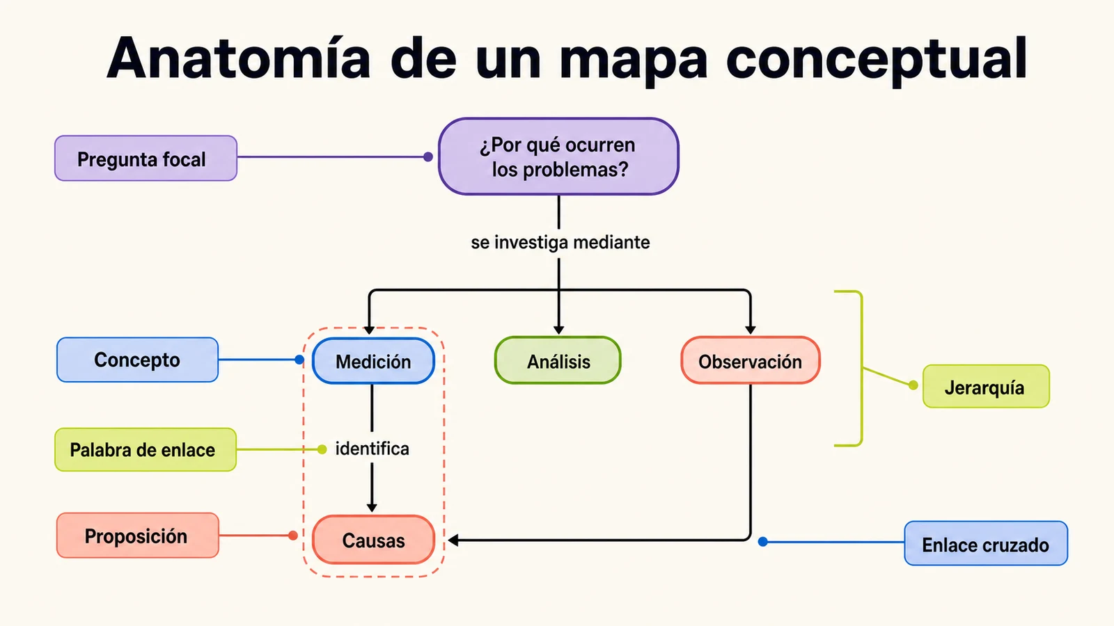 Anatomía de un mapa conceptual con conceptos, palabras de enlace, proposiciones, jerarquía y enlace cruzado