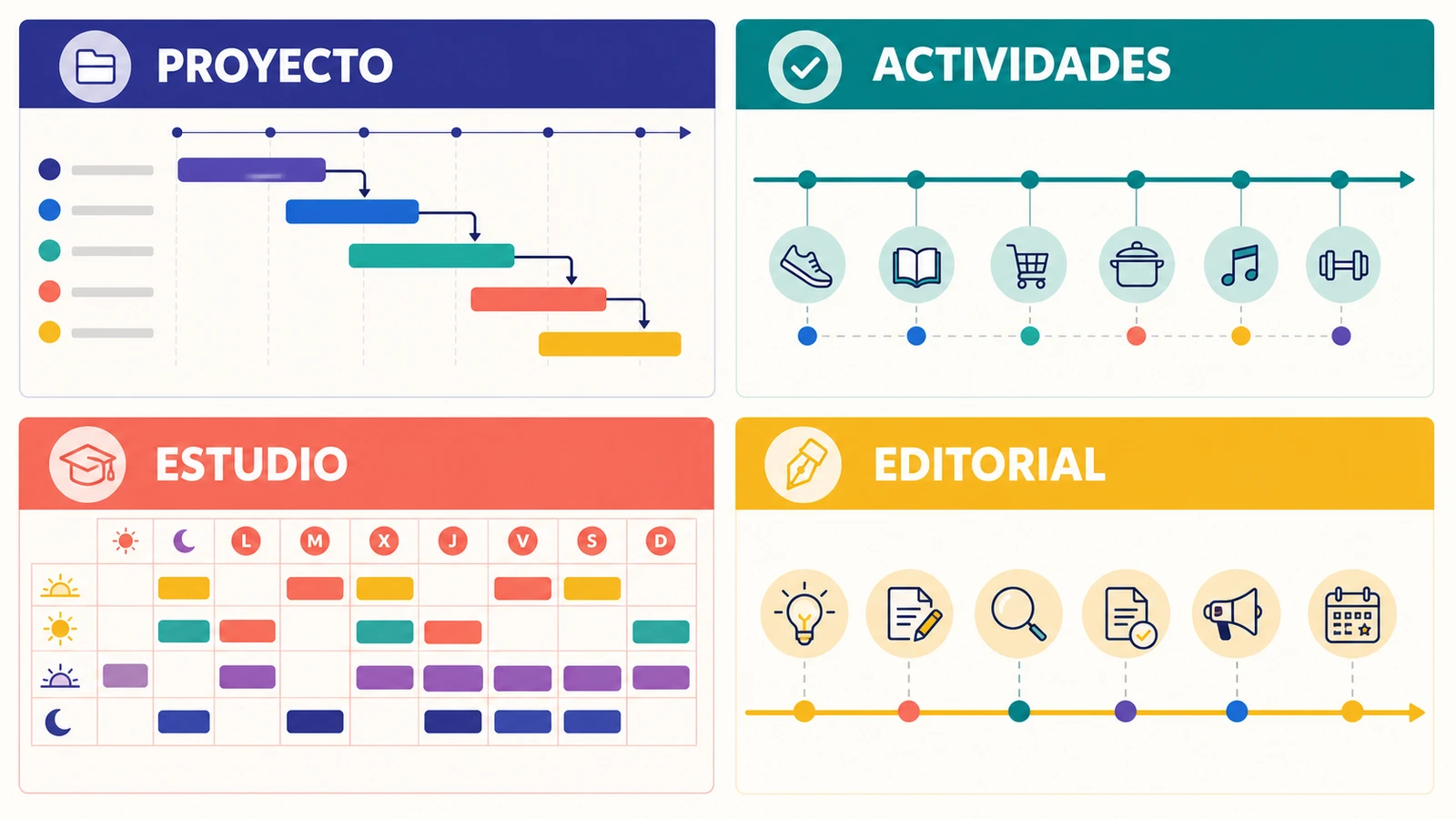 Comparación visual de cronogramas de proyecto, actividades, estudio y calendario editorial