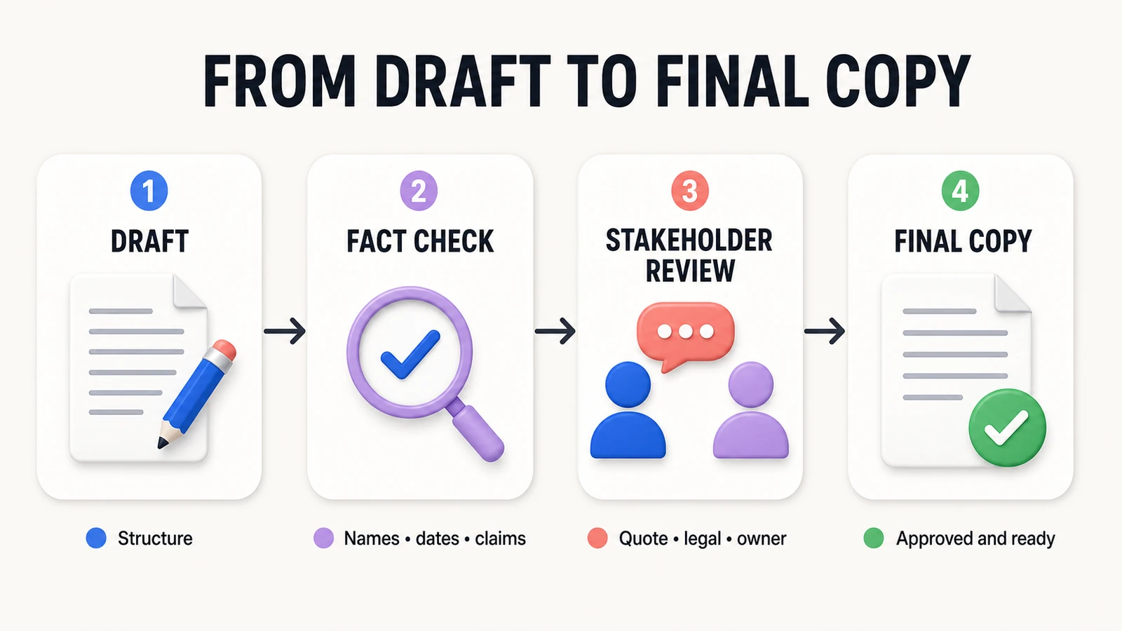 Four-step press release review workflow from draft to fact check, stakeholder review, and final copy