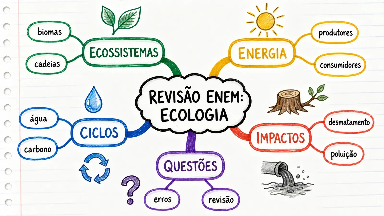 Mapa mental de revisão de ecologia para o ENEM, com cinco ramos nomeados e palavras curtas