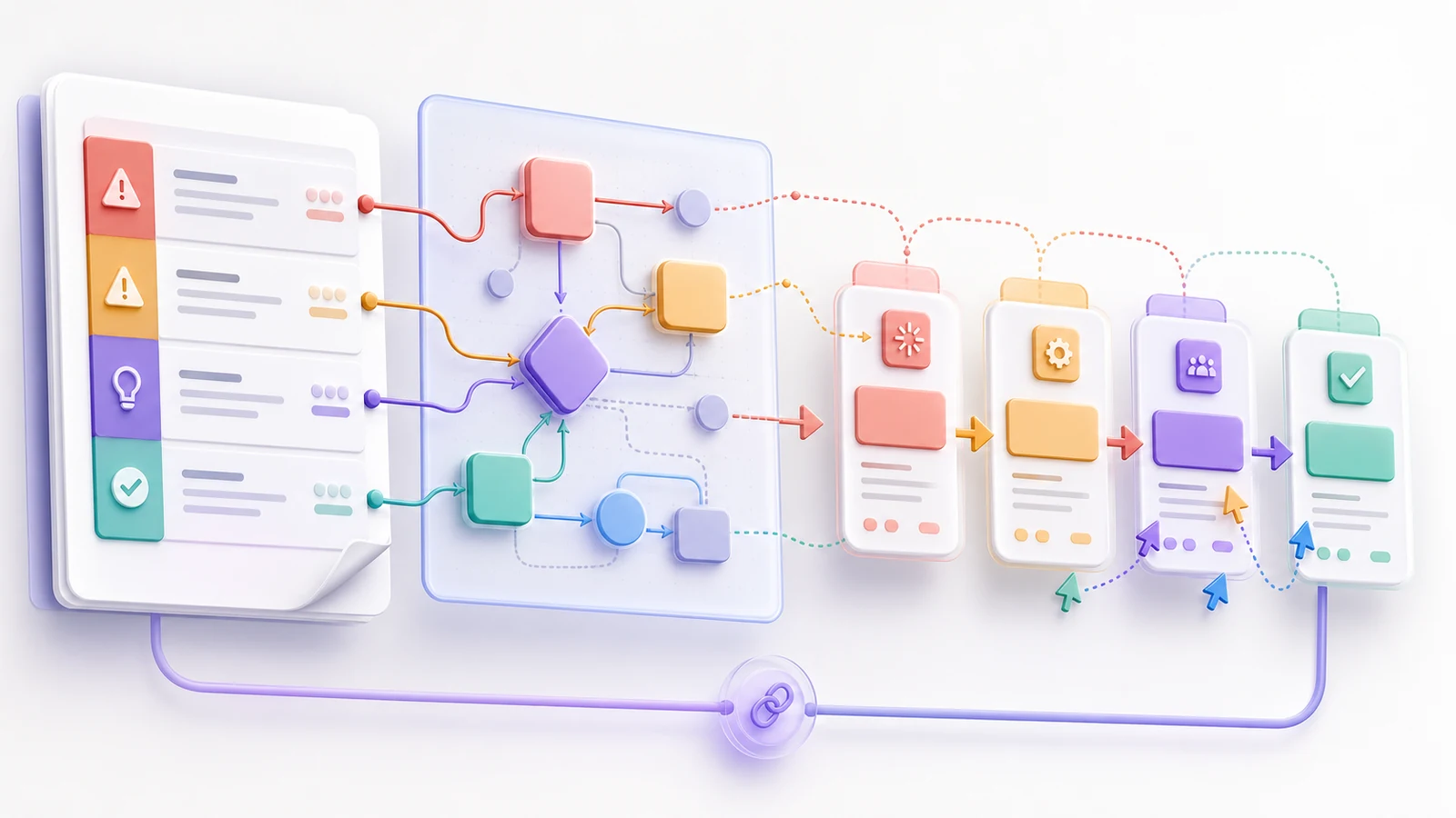 Conceptual AFFiNE workflow linking structured RAID rows to a visual dependency map and the stages open, action, reviewed, and closed