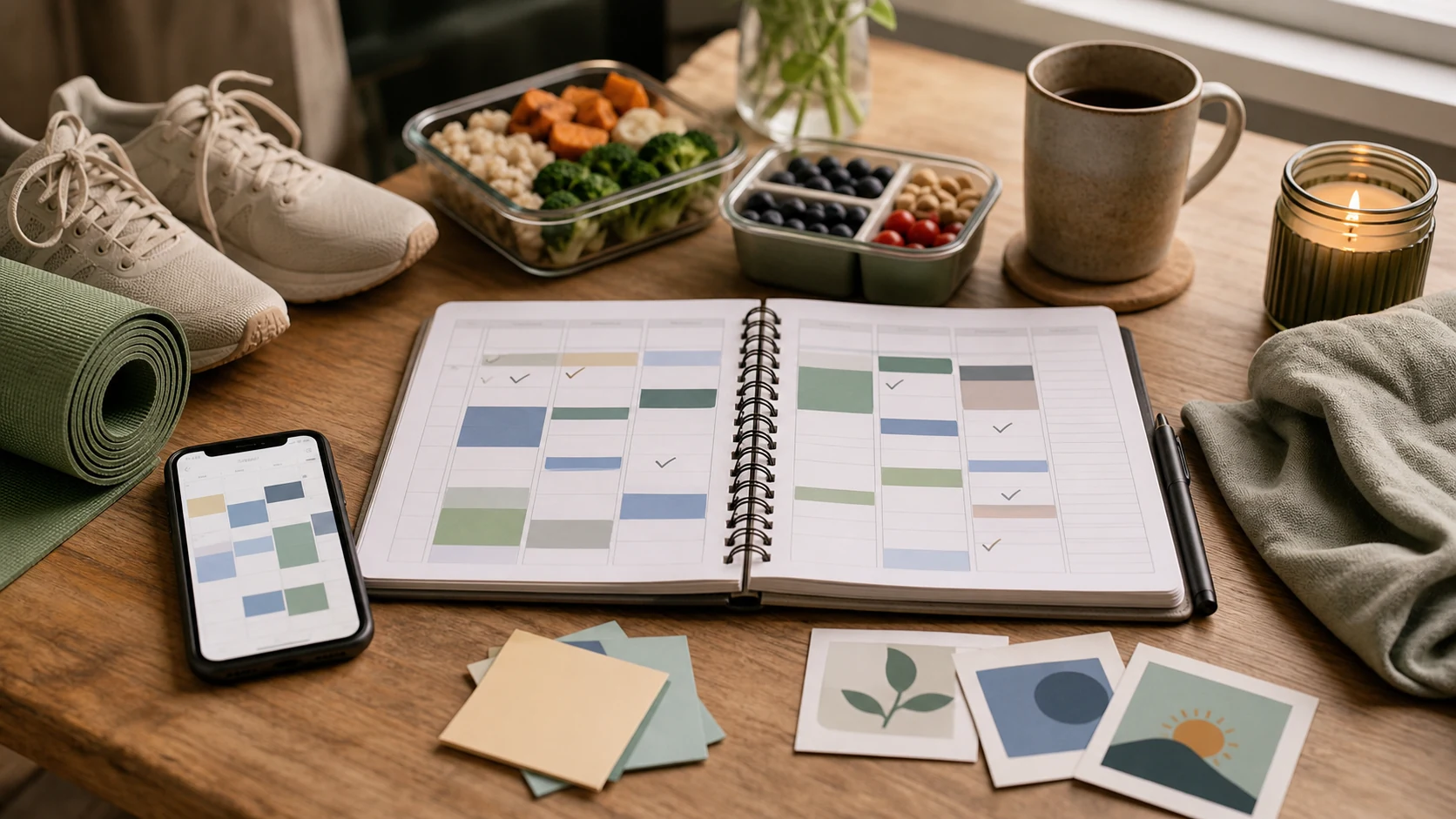 Flexible weekly planning setup with meal prep, walking shoes, yoga mat, and a habit planner