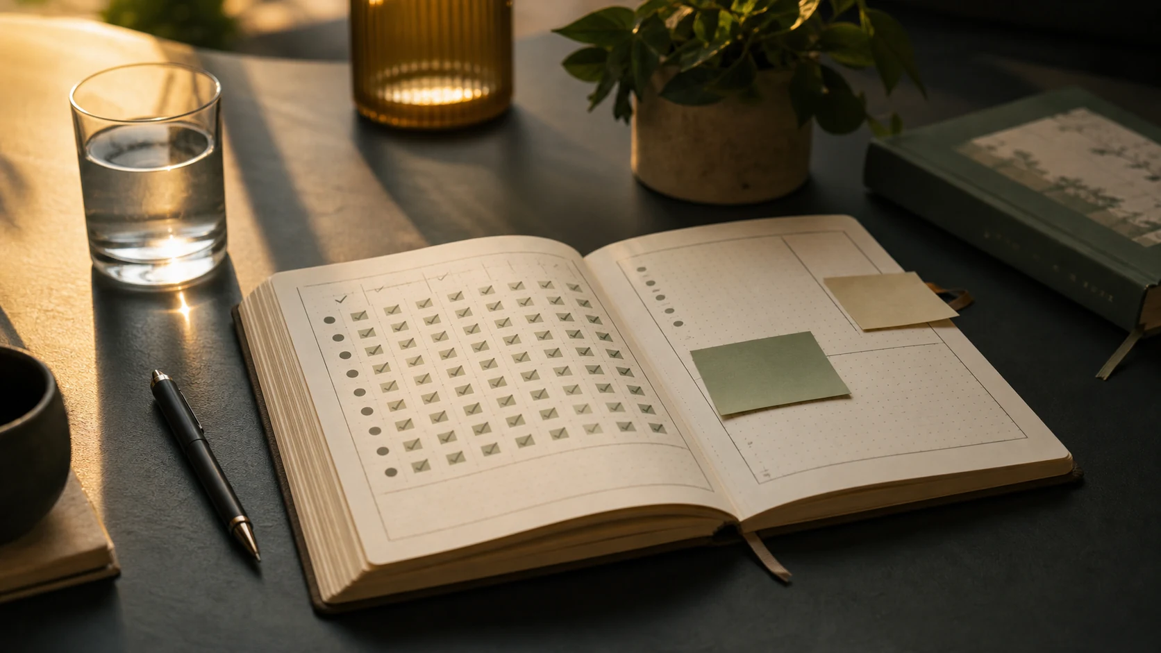Completed habit tracker notebook with checkmarks, sticky notes, water glass, and reflection space