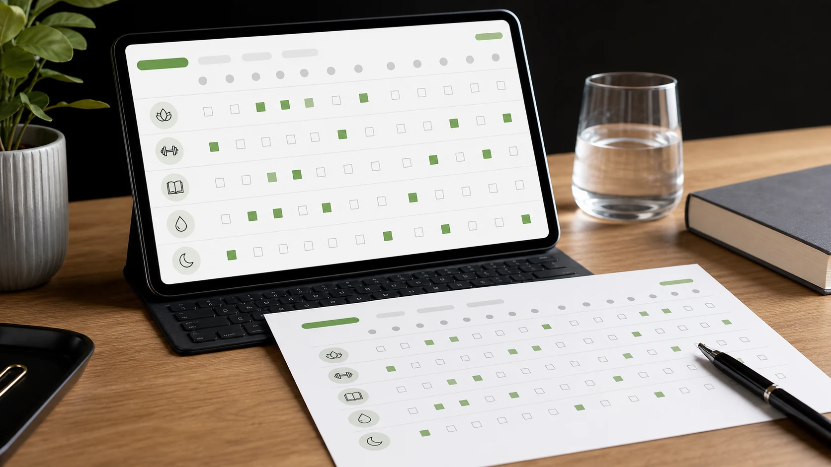 Digital and printable habit trackers for the 75 Soft Challenge shown on a tablet and paper worksheet