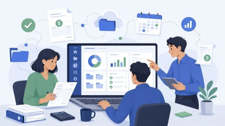 Team organizing recurring financial workflows with shared templates