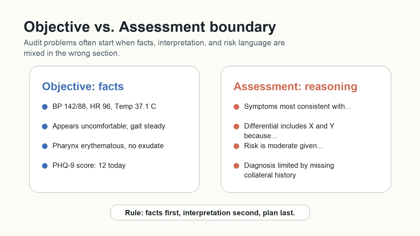 Side-by-side boundary guide separating objective findings from assessment reasoning in SOAP notes
