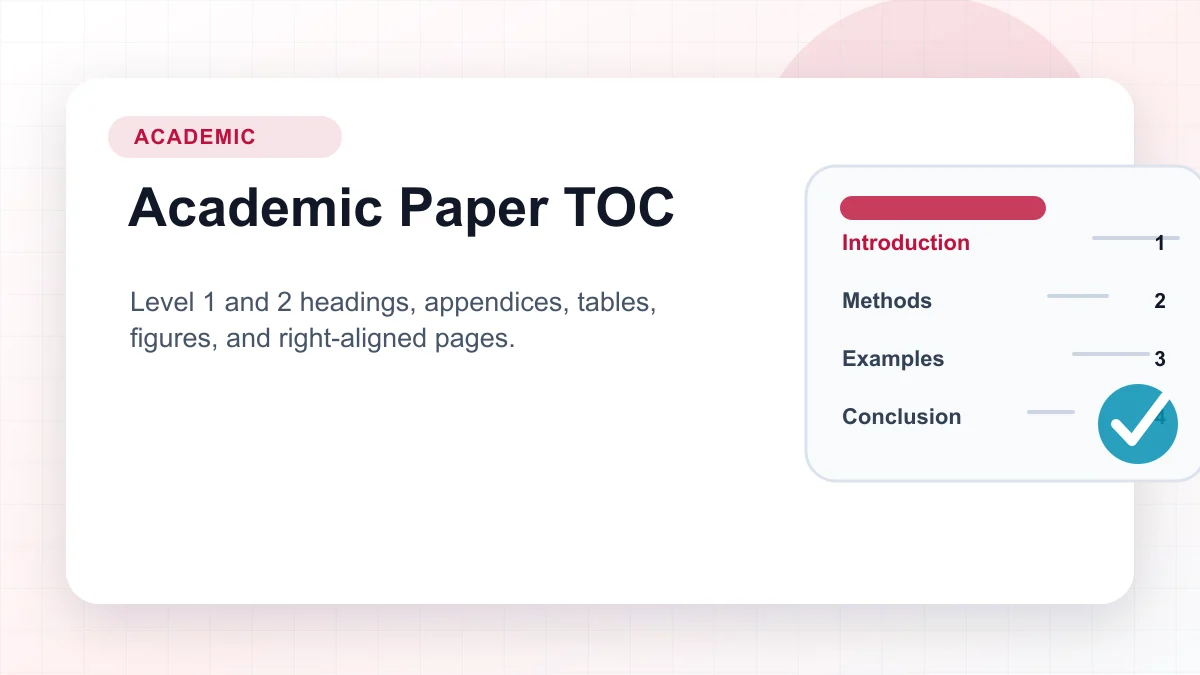 Academic paper table of contents example with heading levels, appendices, tables, and figures
