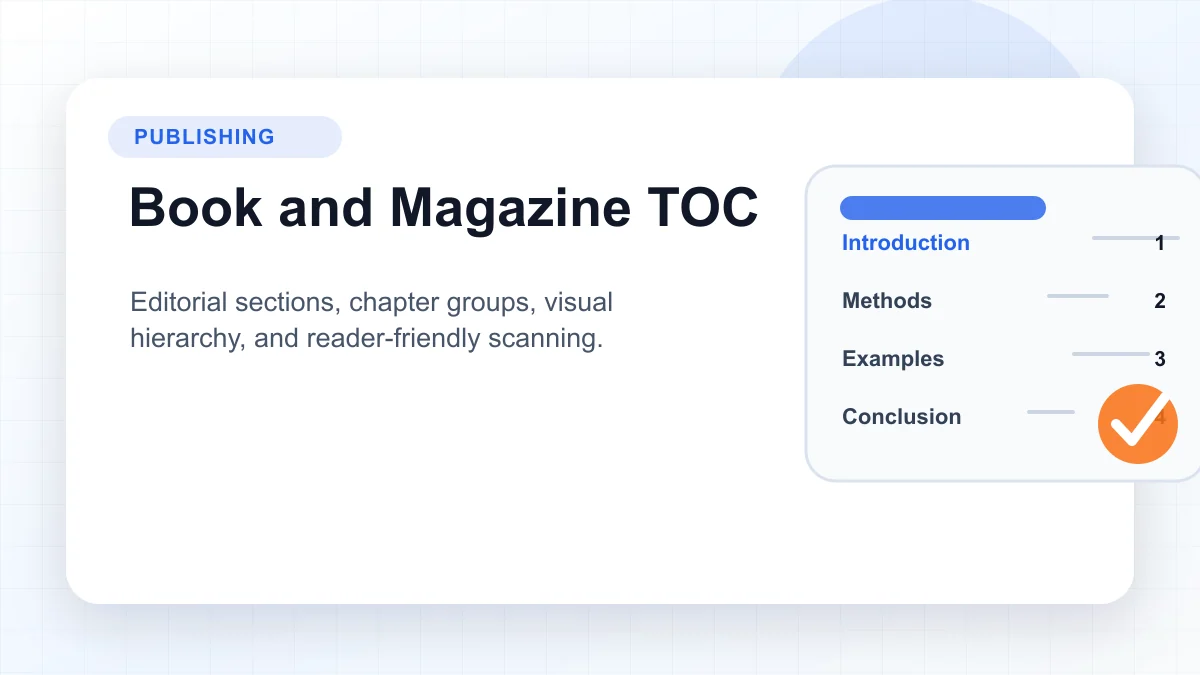 Book and magazine table of contents example using editorial sections and visual hierarchy