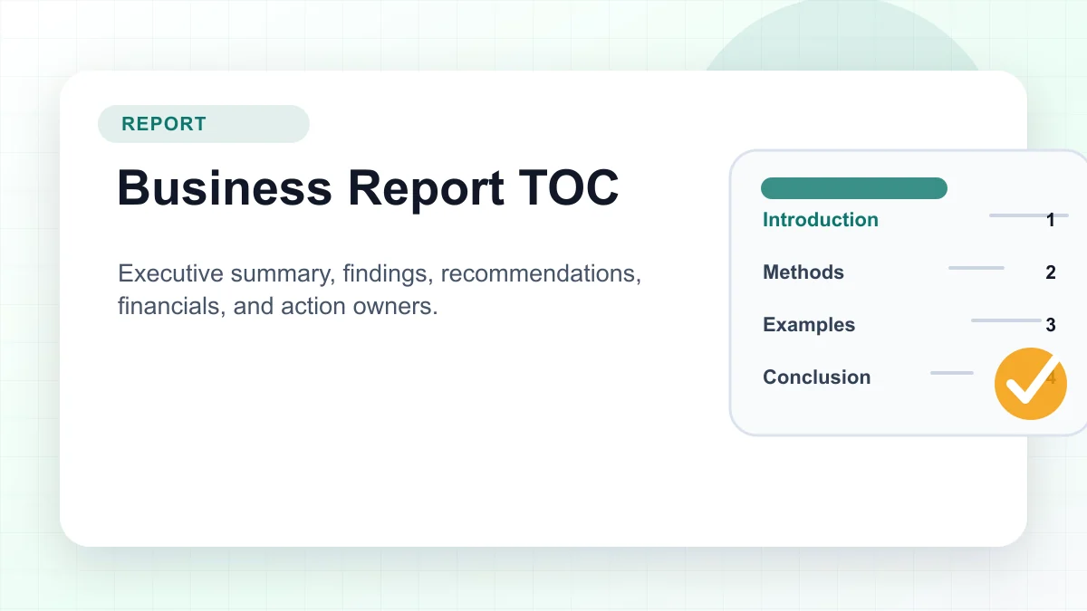 Business report table of contents example with executive summary, findings, recommendations, and financial sections