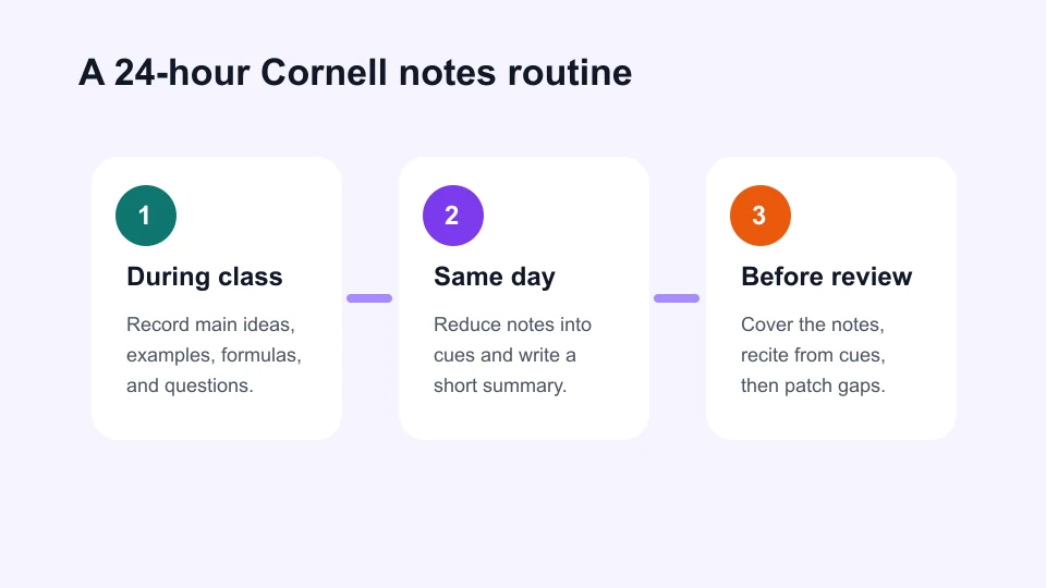 A 24-hour Cornell notes routine with steps for recording during class, reducing notes the same day, and reciting before review