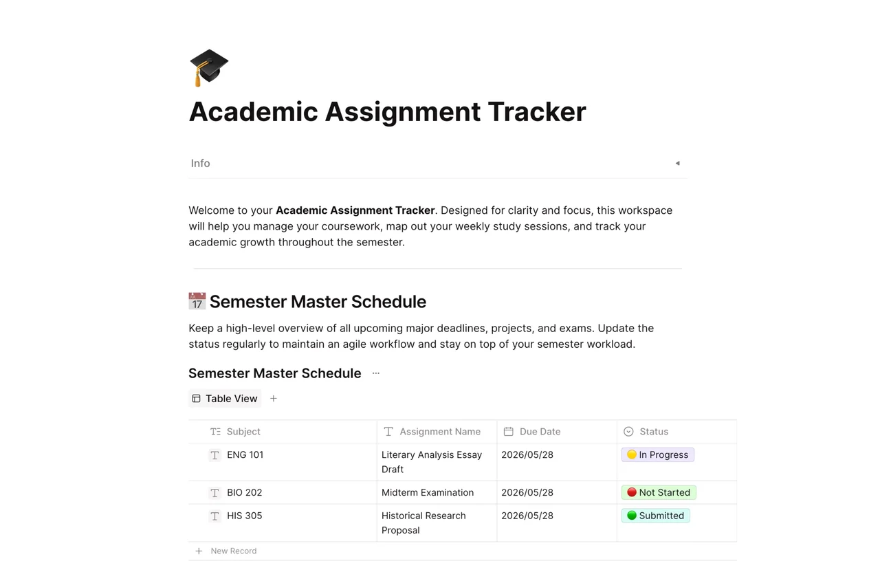 Academic Assignment Tracker dashboard in AFFiNE featuring a structured table for deadlines, course modules, and progress status for an efficient student workflow.