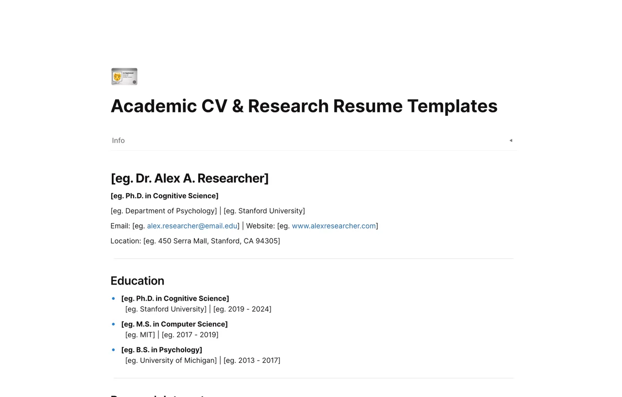 Academic CV template for researchers and PhD students featuring sections for publications, citations, and grant funding in AFFiNE