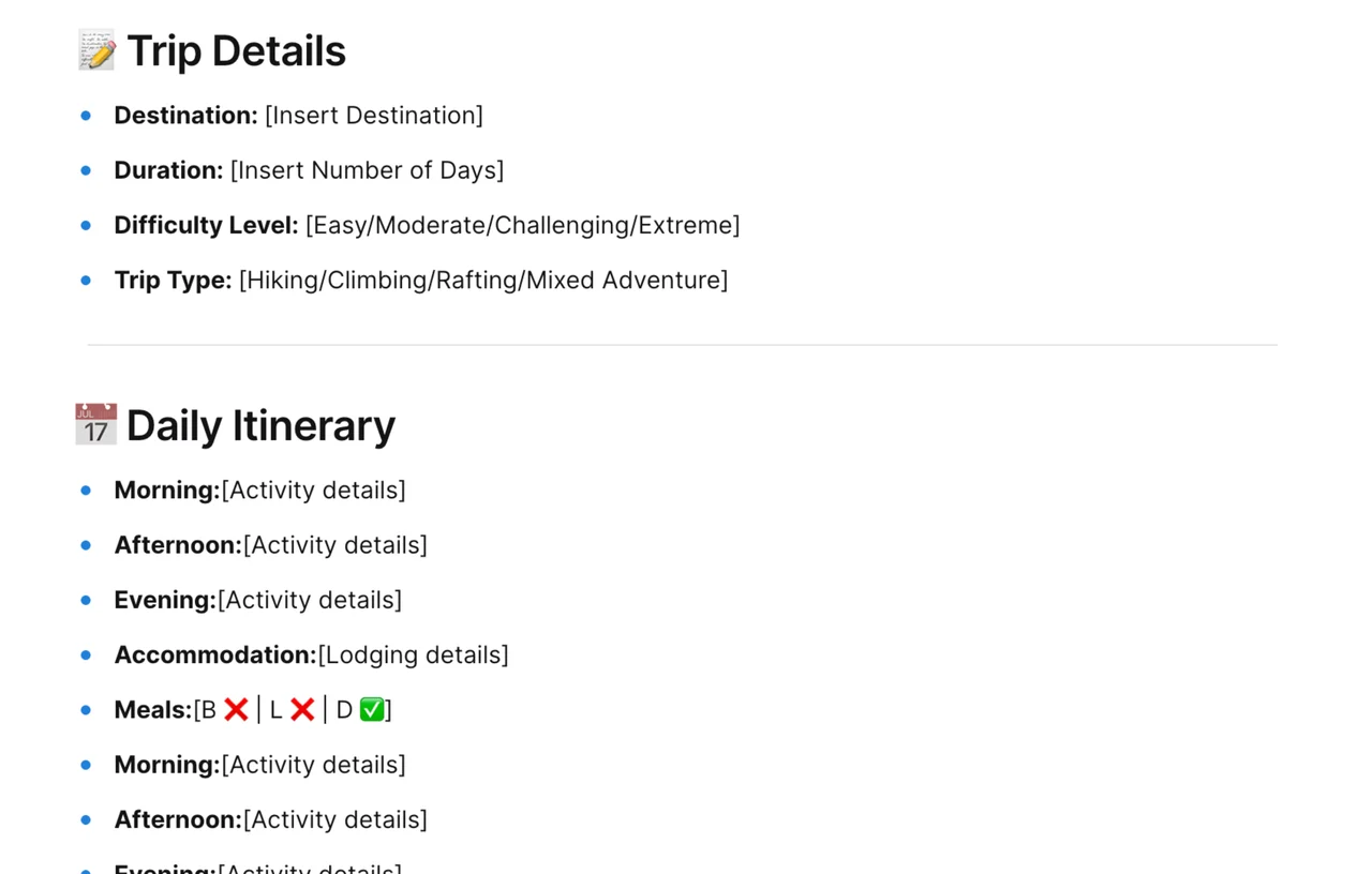 Comprehensive adventure travel itinerary template with customizable sections for daily activities, accommodations, and transportation planning