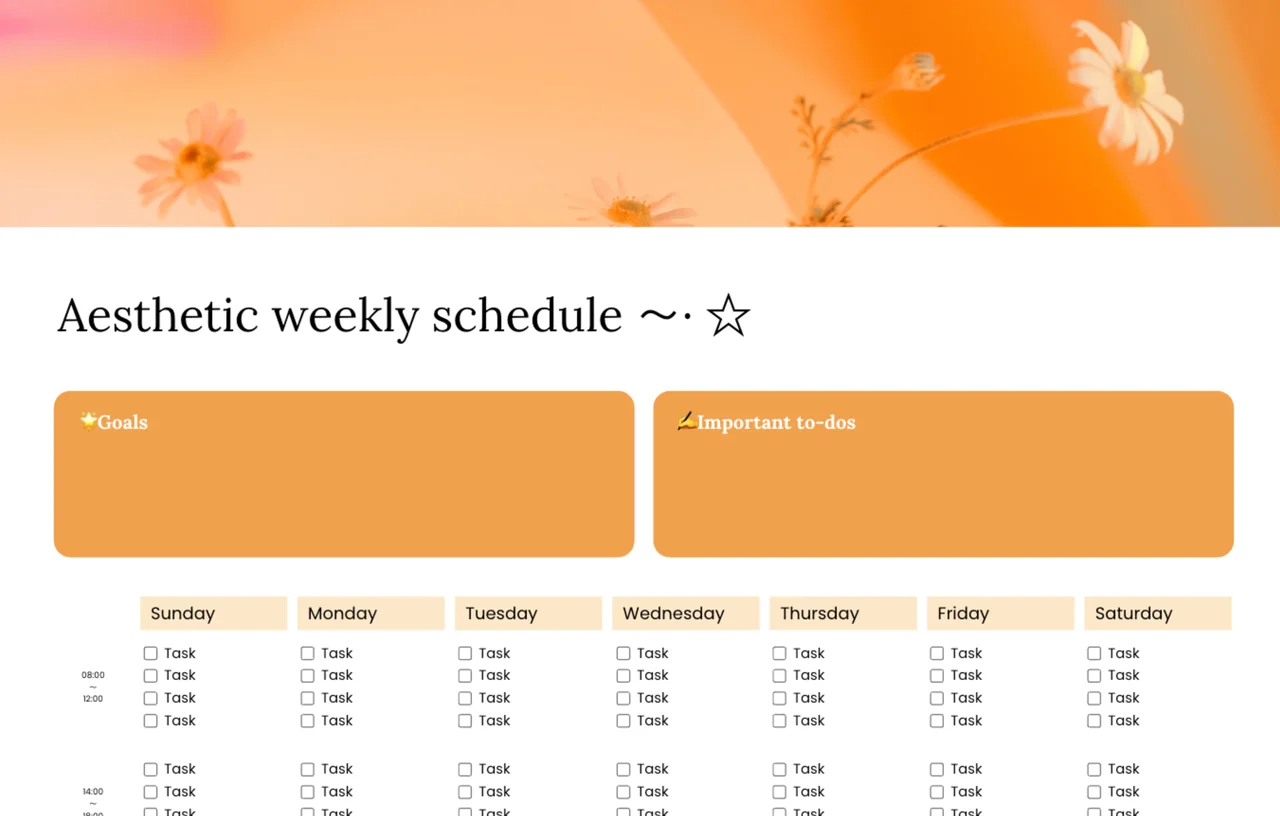Aesthetic weekly schedule template featuring color-coded time blocks, minimalist design elements, and organized daily sections for efficient time management and productivity