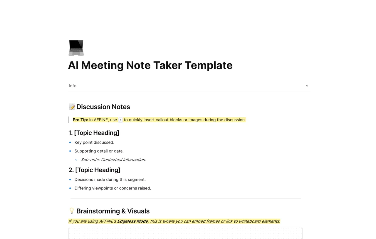 An intelligent AI meeting note taker template displaying automated summaries, agenda tracking, and action item lists in AFFiNE