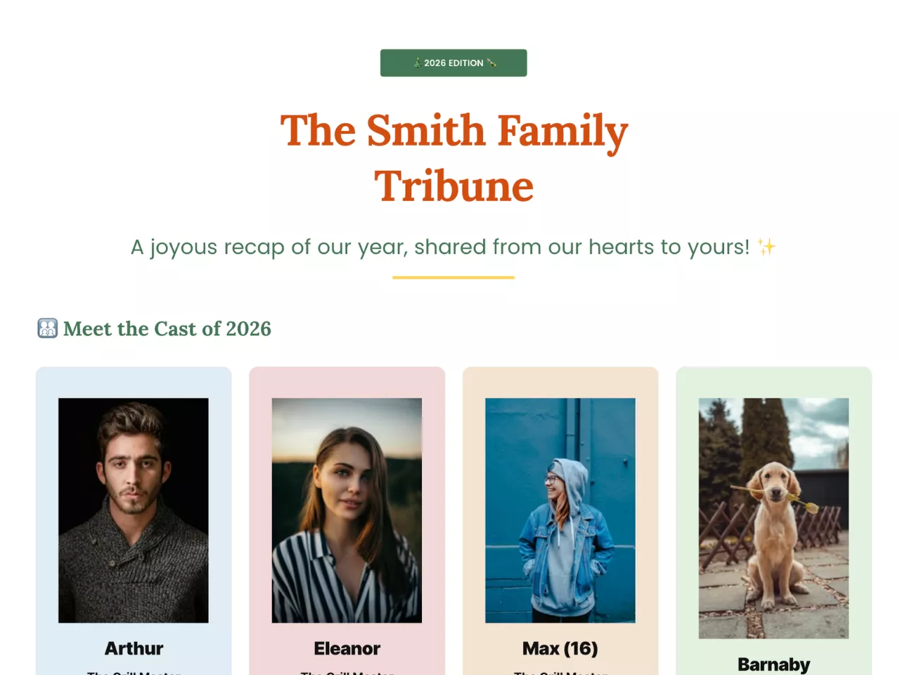 A customizable vintage newspaper-style template for family annual recaps, featuring drag-and-drop photo blocks and elegant typography in AFFiNE.