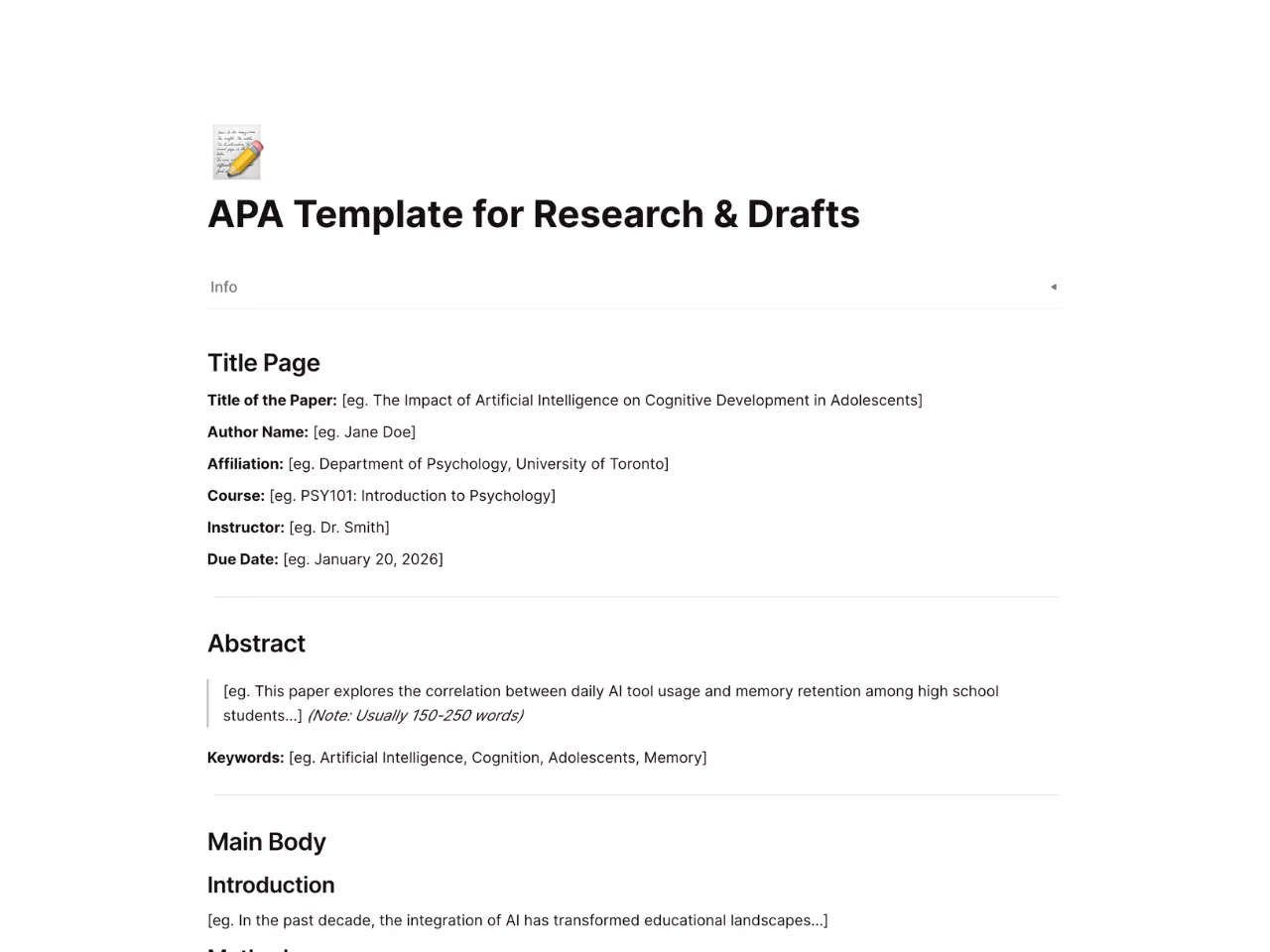 APA Template for Research & Drafts