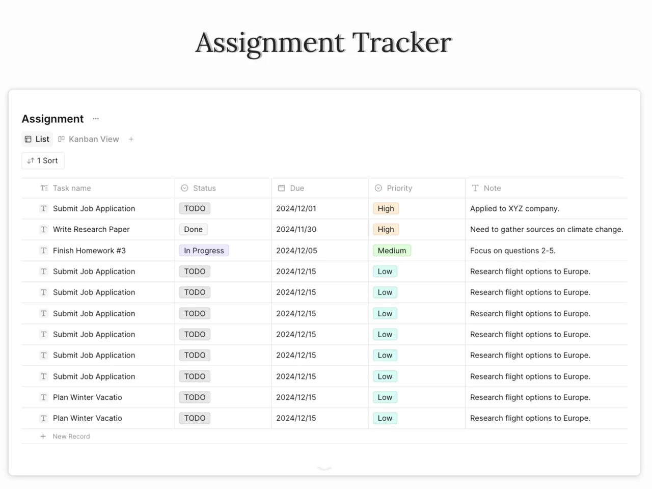 Assignment Tracker Template