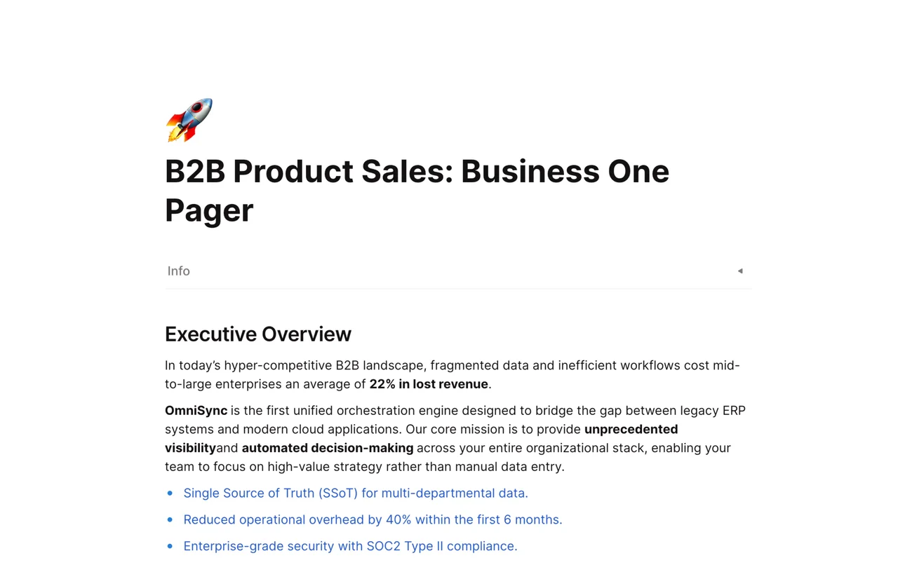 AFFiNE B2B product sales business one pager template for client pitches and value proposition summary