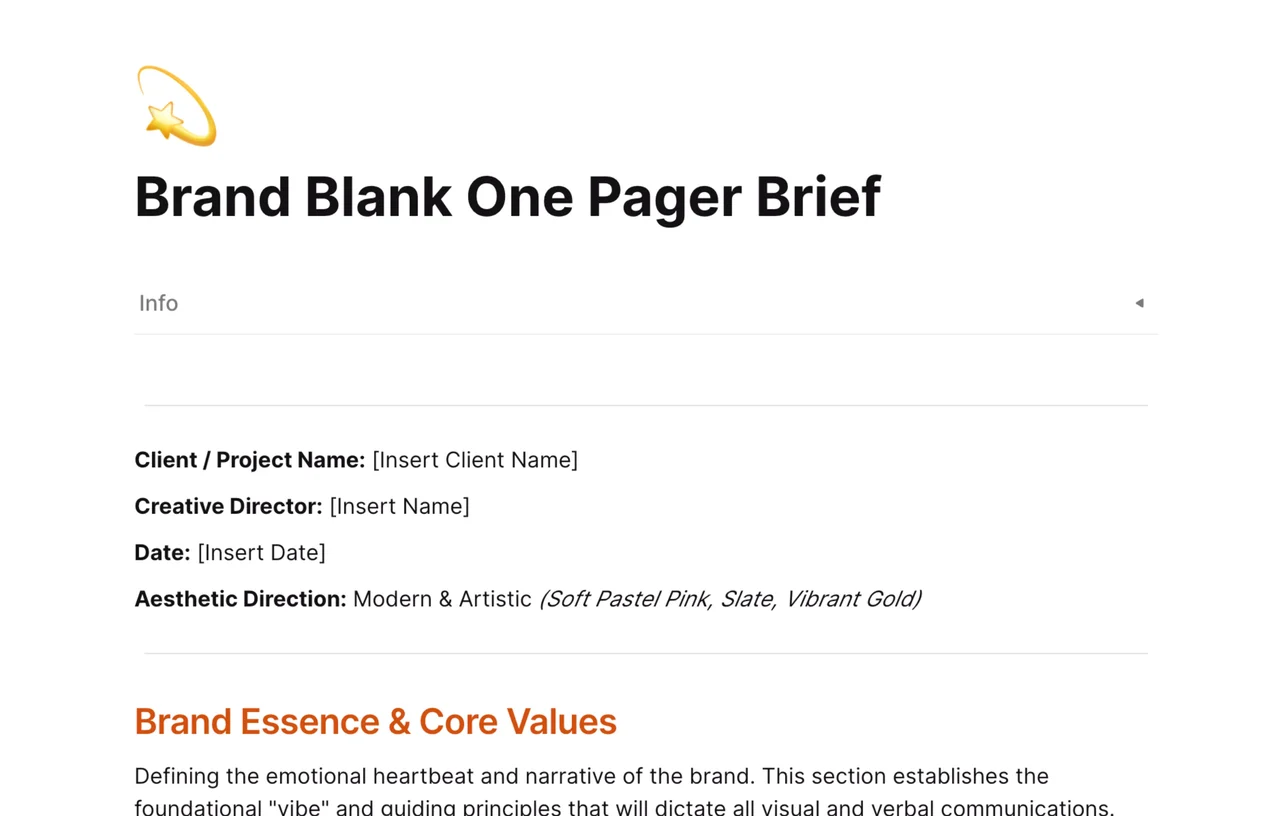 A professional Brand Blank One Pager Brief template in AFFiNE for brand identity planning and strategic project summaries.
