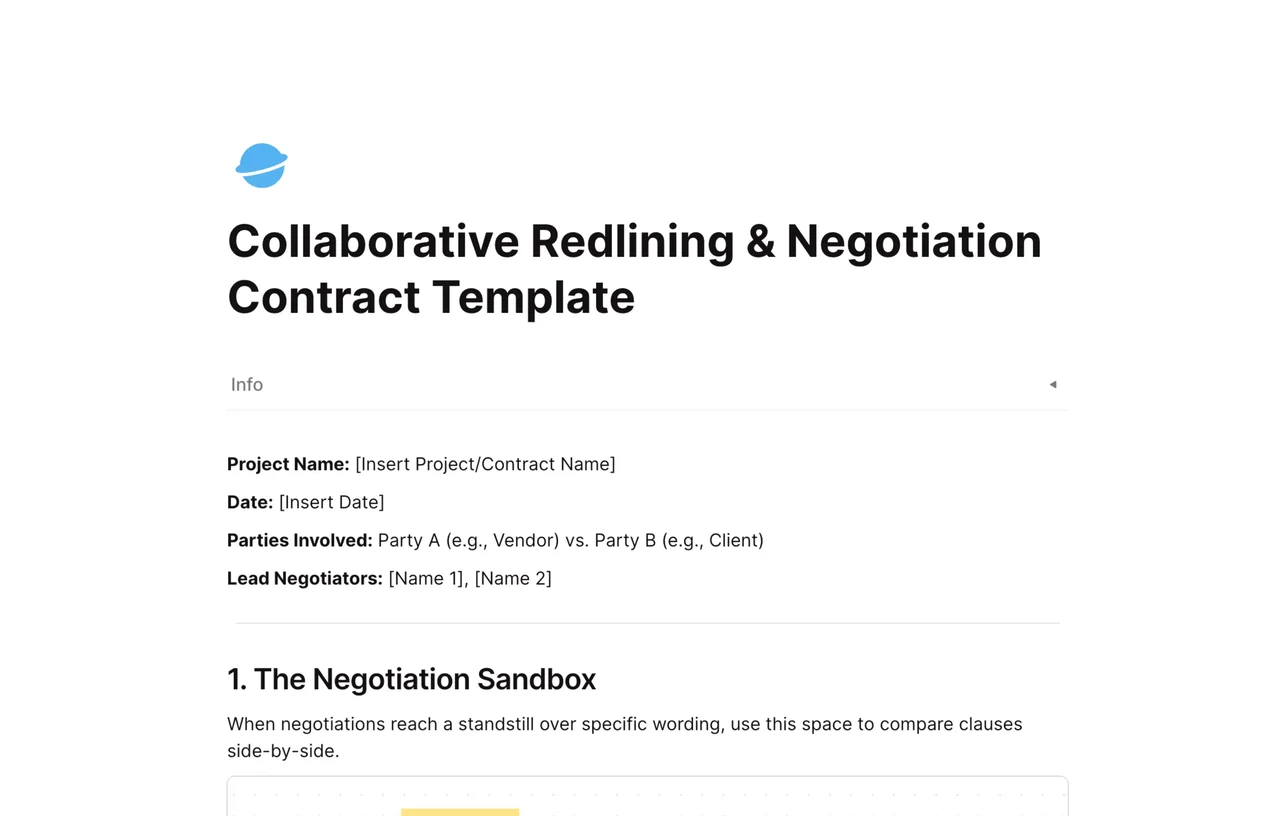 Professional contract redlining workspace in AFFiNE featuring sidebar comments, color-coded version tracking, and a structured negotiation table for legal teams.