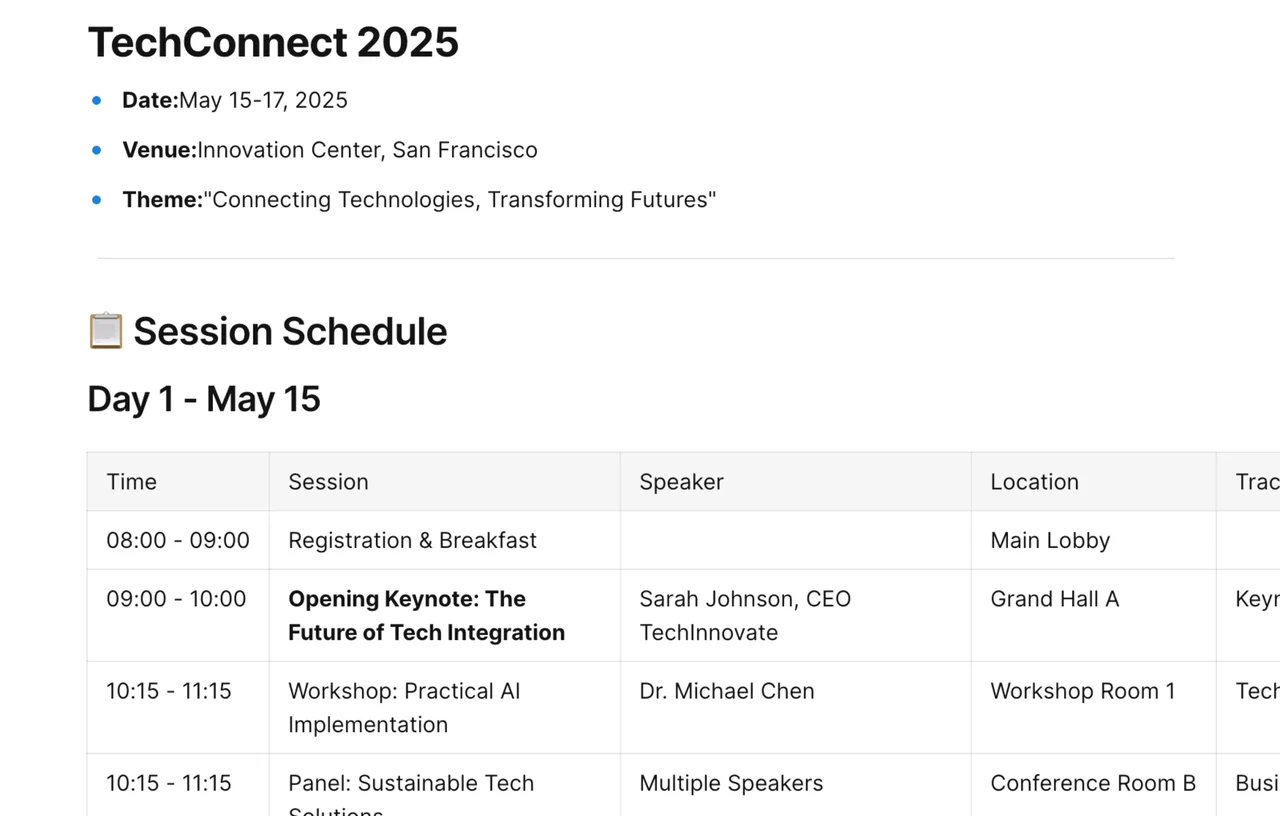 Conference itinerary template showing organized schedule with time slots, session details, speaker information, and networking events for professional conference planning