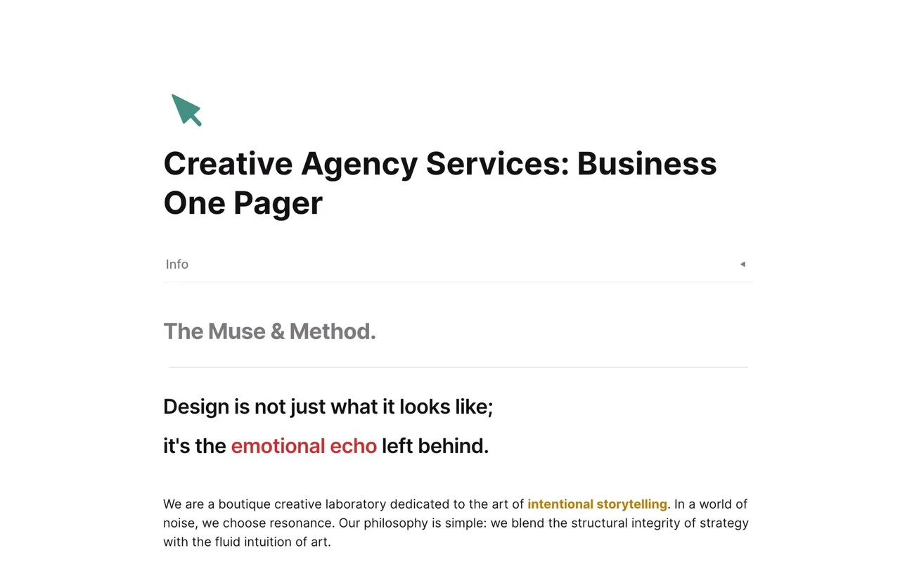 Creative agency services business one pager template by AFFiNE for client pitching and portfolio showcase