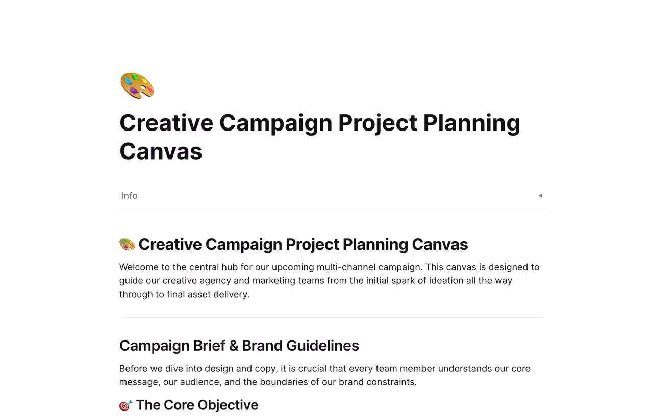A professional marketing campaign canvas in AFFiNE featuring sections for audience personas, KPI tracking, and creative asset pipelines.