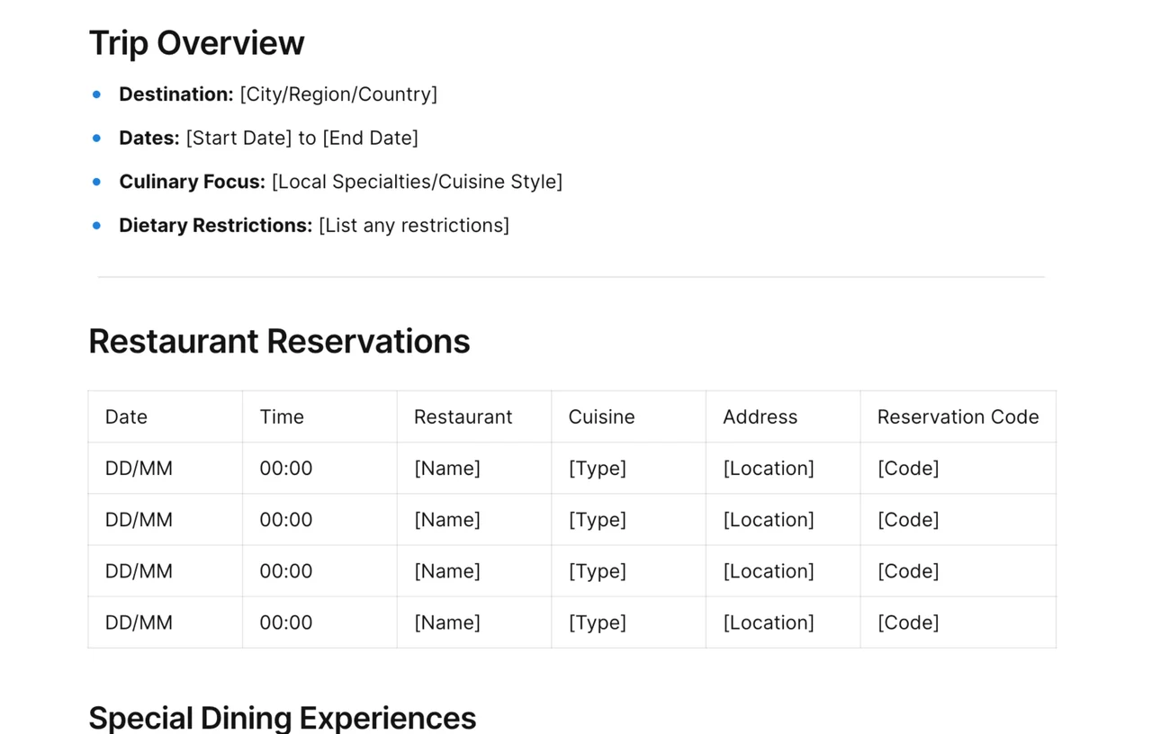 AFFiNE culinary tour itinerary template showing organized daily schedule with restaurant bookings, tasting events, and food market visits for gastronomic travel planning
