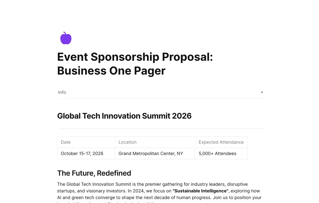 Event Sponsorship Proposal Business One Pager template by AFFiNE showcasing event ROI, target audience, and key benefits for potential corporate sponsors.