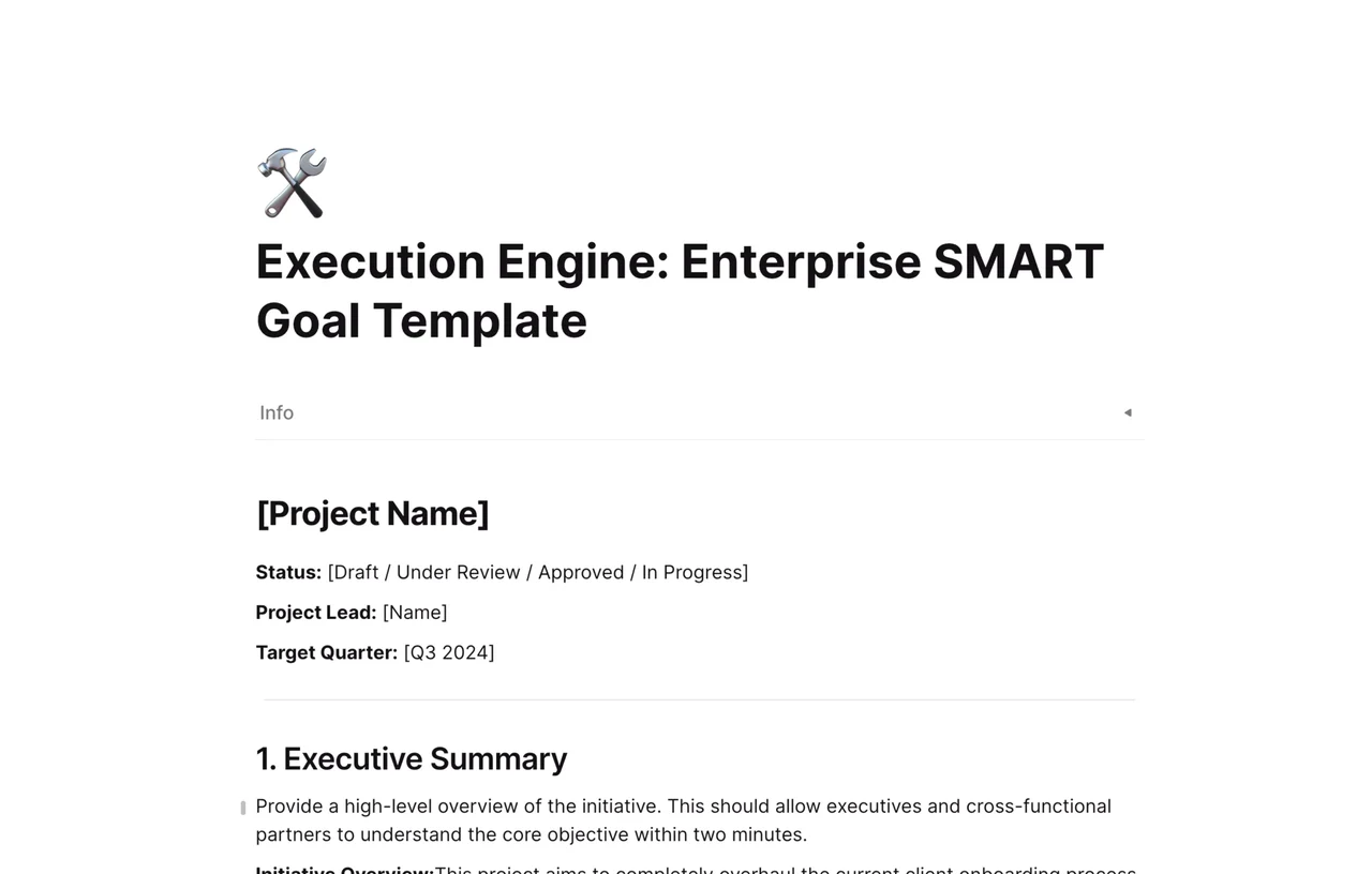 Advanced Enterprise SMART goal template for strategic planning, featuring progress tracking, departmental alignment, and measurable KPI structures in AFFiNE.