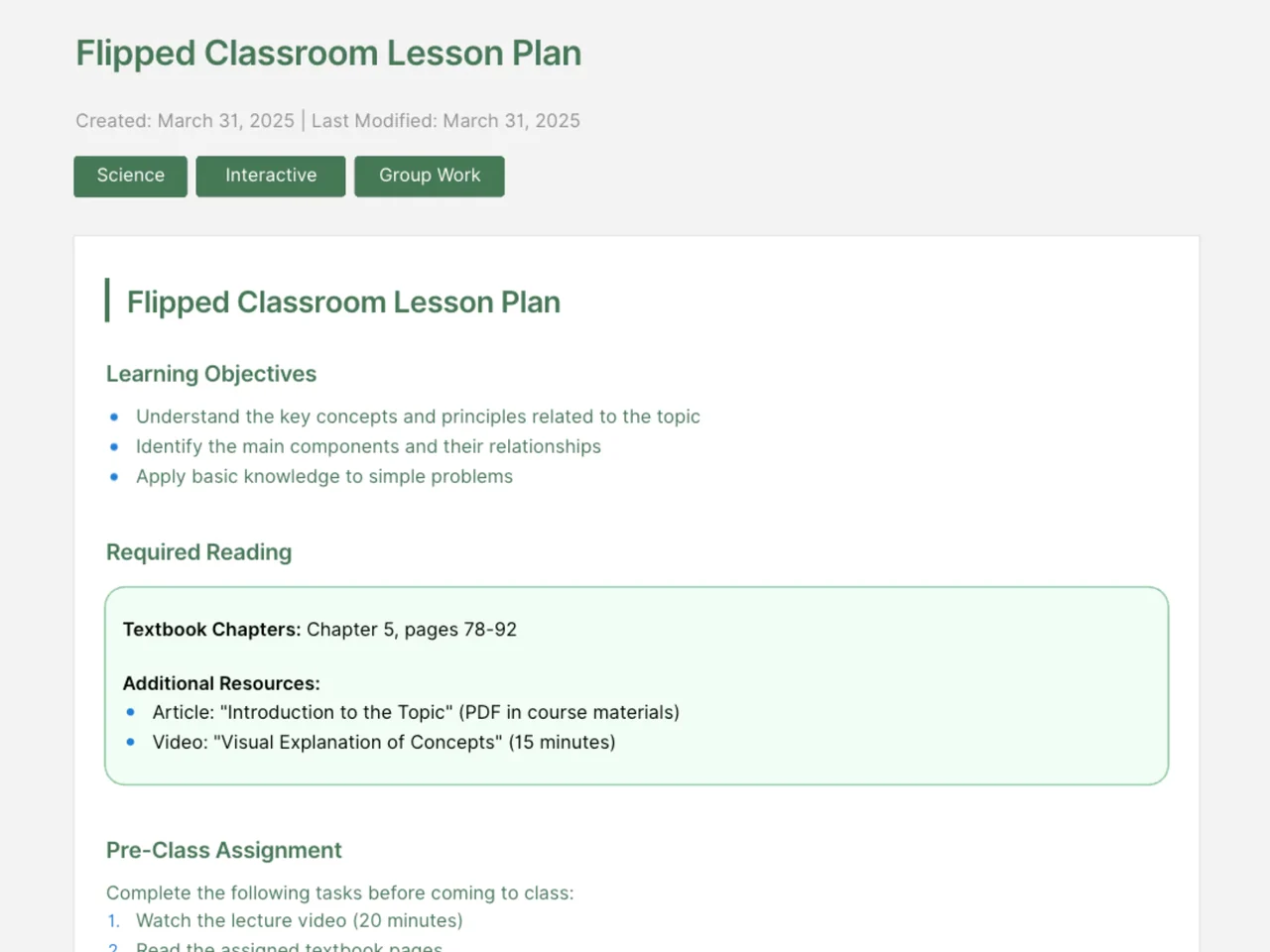 Comprehensive flipped classroom lesson plan template showing pre-class activities, in-class engagement sections, and assessment methods for effective educational structure