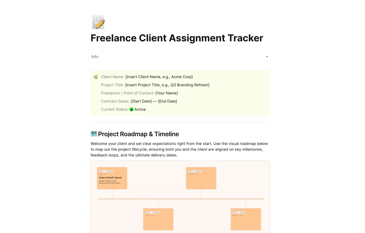 Professional freelance client assignment tracker interface in AFFiNE showing project status, deadlines, and client communication logs for efficient workload management.