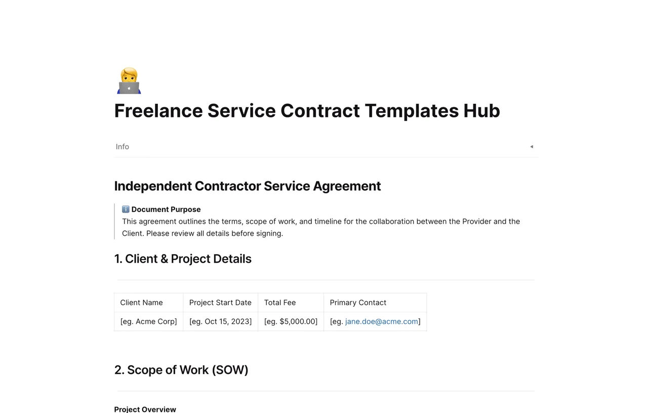 Professional freelance contract template hub in AFFiNE featuring sections for scope of work, payment schedules, and legal terms