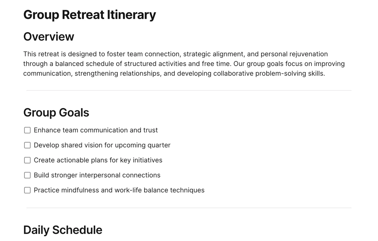 Professionally designed group retreat itinerary template with organized daily schedules, activity blocks, and flexible planning sections for creating cohesive team experiences