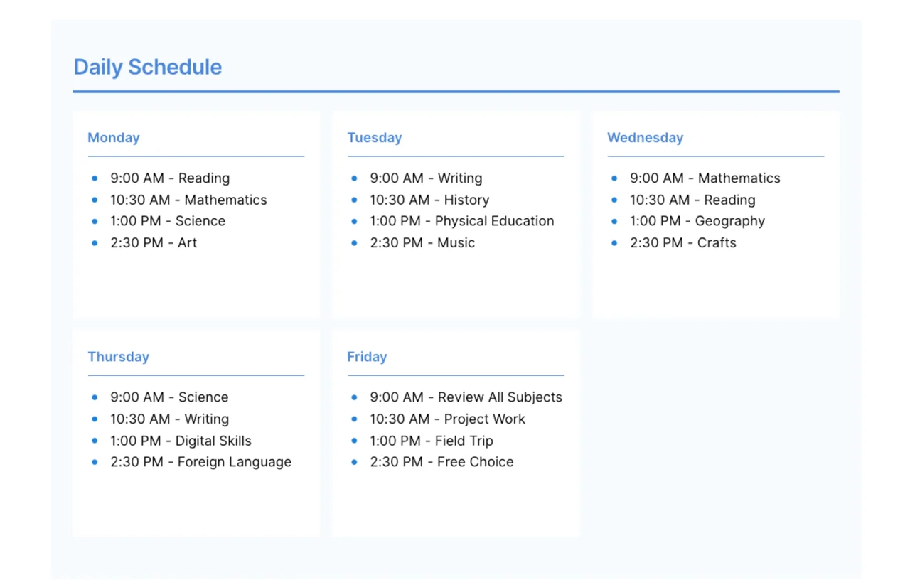 Homeschooling lesson plan layout template with organized sections for curriculum planning, learning objectives, and daily activities for structured home education