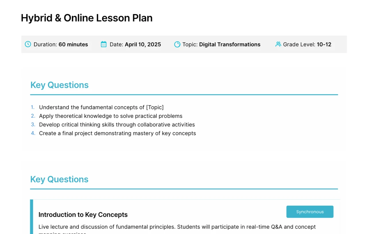 Comprehensive hybrid and online lesson plan template with organized sections for learning objectives, instructional activities, digital resources, and assessment strategies for effective blended learning