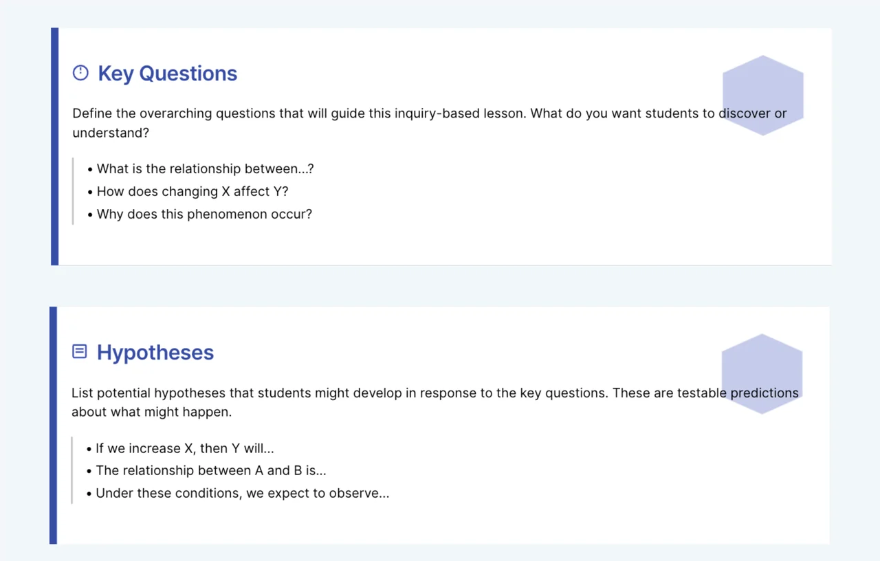 Inquiry-based lesson planning template with sections for essential questions, student activities, assessment strategies, and reflection prompts