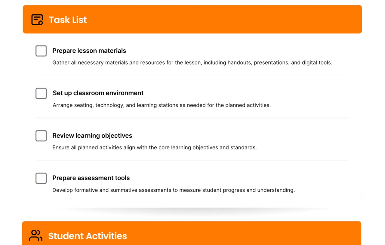Interactive digital lesson plan template with sections for objectives, activities, and assessment strategies for enhancing student engagement