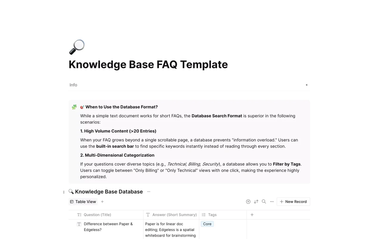 Structured knowledge base FAQ template featuring categorized questions and clean layout for efficient information retrieval