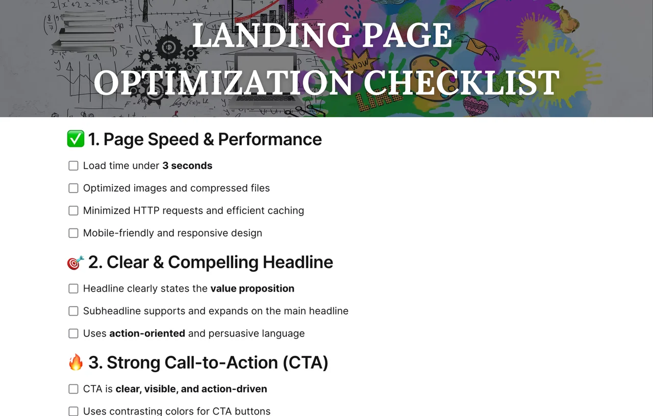 Landing page optimization checklist template with conversion rate improvement sections and website performance metrics tracking