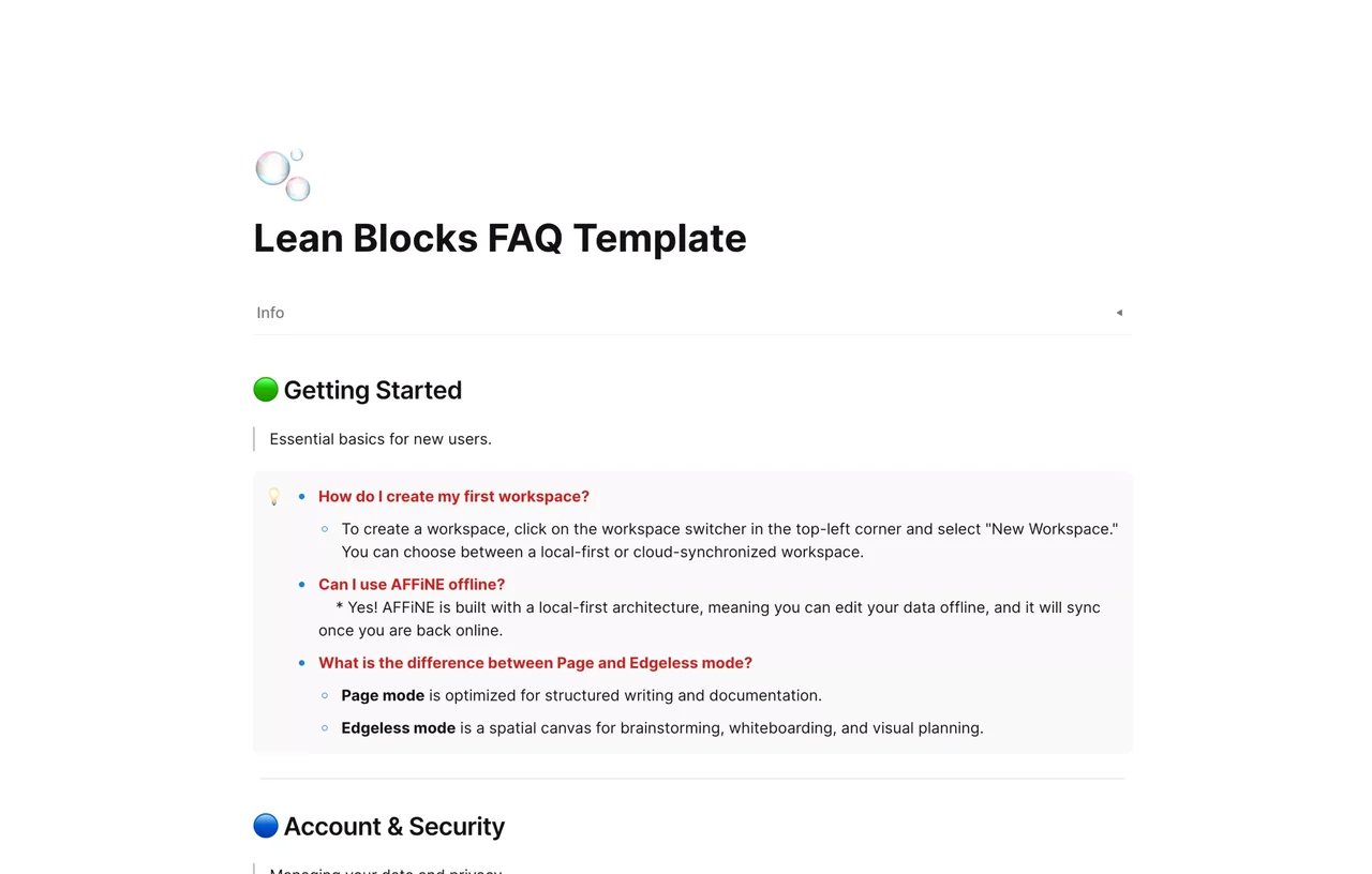 A clean and modular Lean Blocks FAQ Template layout showing organized questions and answers for easy navigation