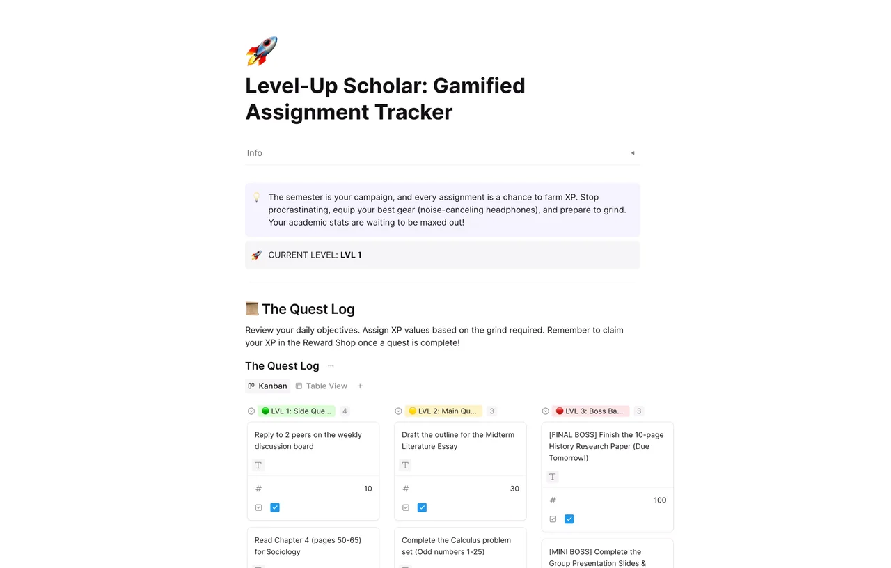 A gamified academic assignment tracker dashboard in AFFiNE featuring progress bars, task levels, and quest-style organization for student productivity.