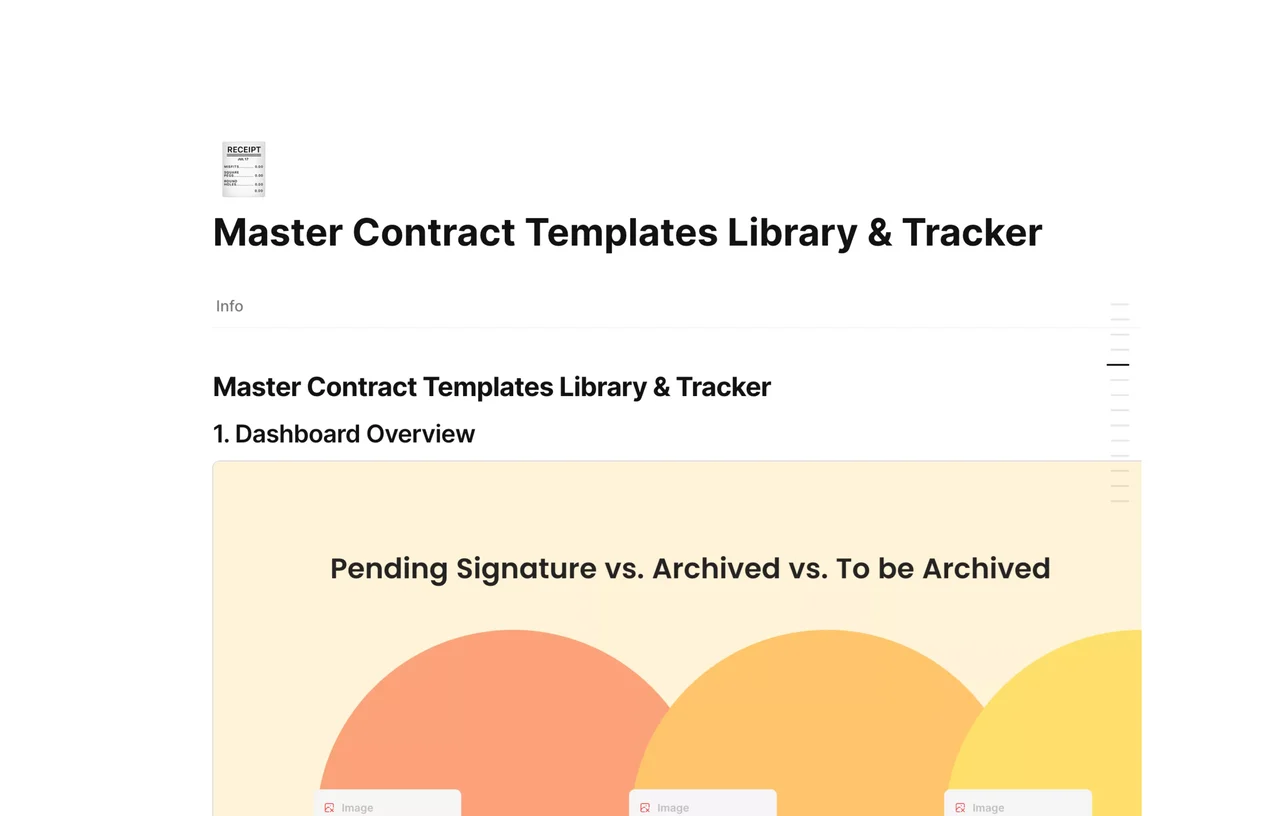A professional legal dashboard in AFFiNE featuring a template library sidebar and a contract tracking database with status tags and automated date fields.