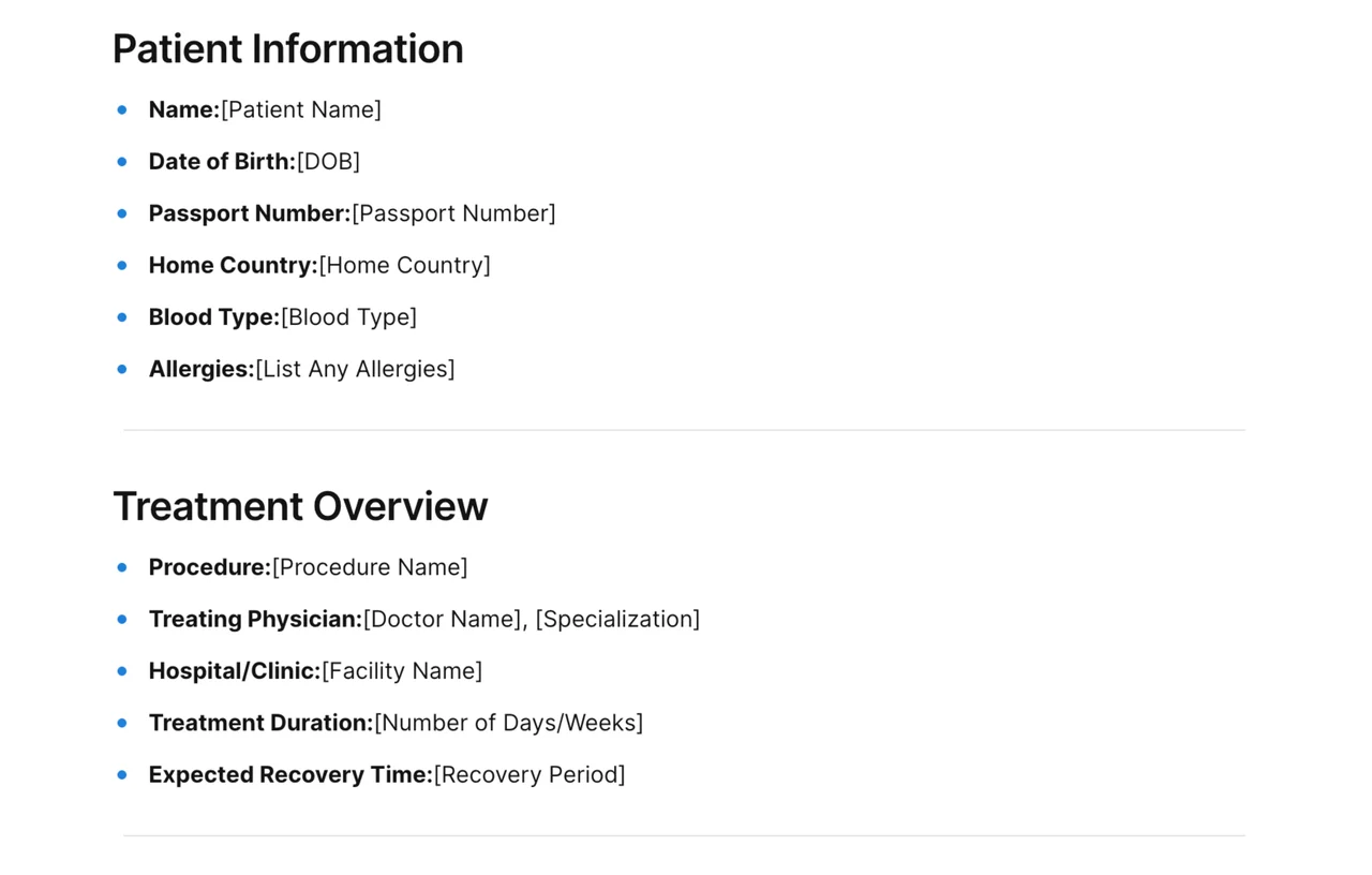 Medical Tourism Itinerary Template featuring organized sections for medical appointments, recovery periods, accommodation details, and local attractions for international healthcare travelers