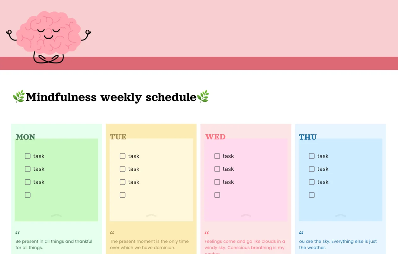 Mindfulness weekly schedule template with color-coded time blocks for meditation, breathwork exercises, and self-care activities organized in a clean, calming layout