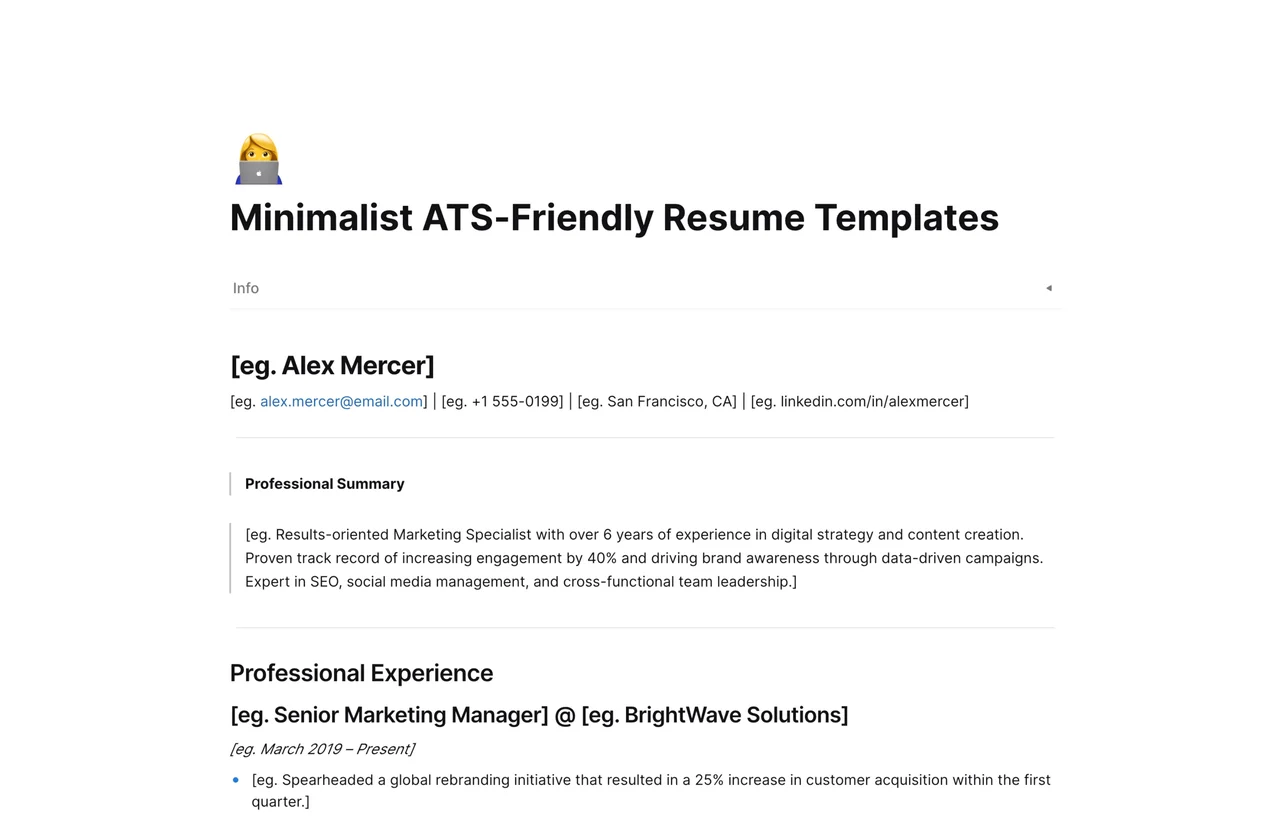 A high-contrast, single-column minimalist resume template in AFFiNE featuring clear typography, standard section headers, and optimized spacing for ATS parsing.